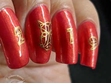 Celestial Year of the Pig - Hermit Werds - red and gold nail art for Chinese New Year's Year of the Pig complete with geometric boar's head