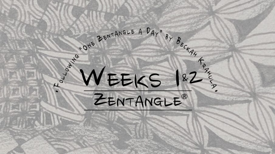 Daily Zentangle - Weeks 1 & 2 - Hermit Werds - Lisa's first two weeks of progress, background is Vega, Beelight, and Beelight tangleations.