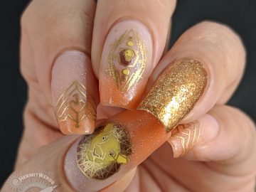 Geometric Lion - Hermit Werds - nail art with geometric lion stamping decals on an orange/magenta/red thermal/solar polish with a dark gold accent nail