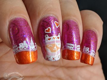 Kitty Clause - Hermit Werds - glittery magenta nails with orange french tips edged with a cute toy train and cute cats