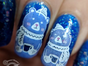 Tea for Two - Hermit Werds - two blurple stamping decal bears drinking tea against a jelly background with opalescent glitters