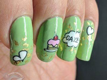 Tea Time = Cake Time - Hermit Werds - pastel green nails with gold gilding foil, cake, tea, and heart stamping images