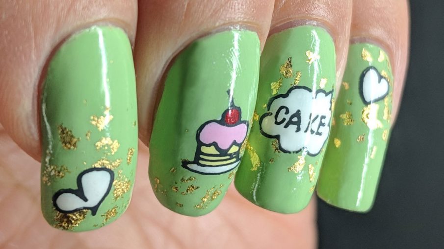 Tea Time = Cake Time - Hermit Werds - pastel green nails with gold gilding foil, cake, tea, and heart stamping images