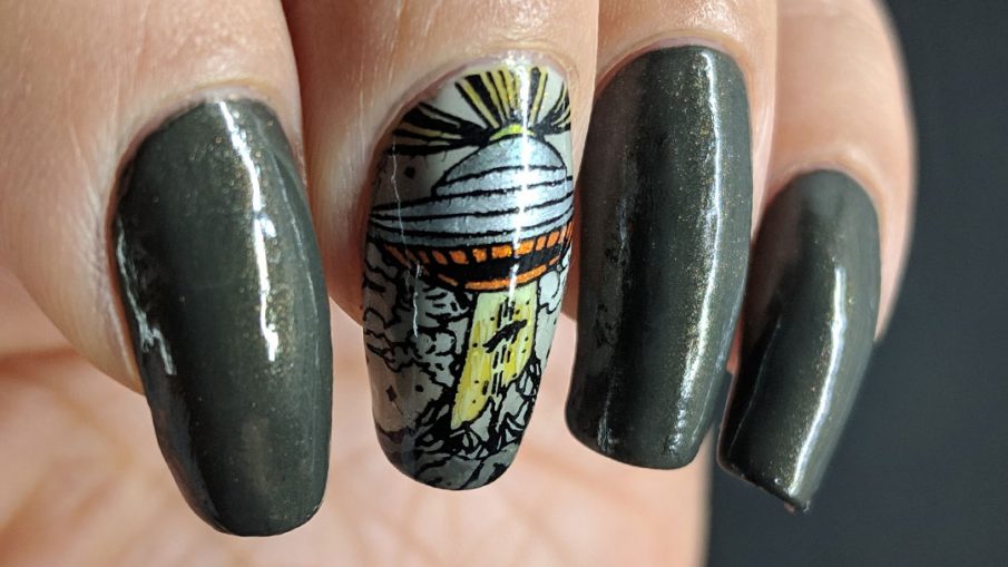 Alien Abduction - Hermit Werds - dark grey nail art with a single nail alien abduction stamp complete with flying saucer