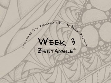 Daily Zentangle - Week 3 - Hermit Werds - Lisa's third week of progress, background is Onamato, Finery, and Betweed.