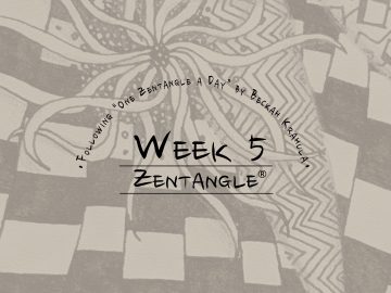 Daily Zentangle - Week 5 - Hermit Werds - Lisa's fifth week of progress; background is Squid, Knightsbridge tangleation, Static, and Nipa tangleation