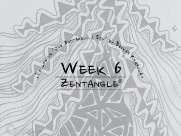 Daily Zentangle - Week 6 - Hermit Werds - Lisa's sixth week of progress; background is Enyshou tangleation, Rain, and Kathy's Dilemma tangleation