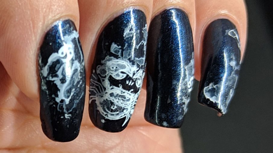 Ghost Crab of the Cosmos - Hermit Werds - deep blue nail art with crab and astrological Cancer symbol and ghostly white paint on top