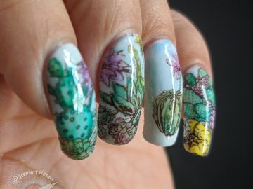 Watercolor Cactus - Hermit Werds - nail stamped cactus arrangement colored with watercolor paints