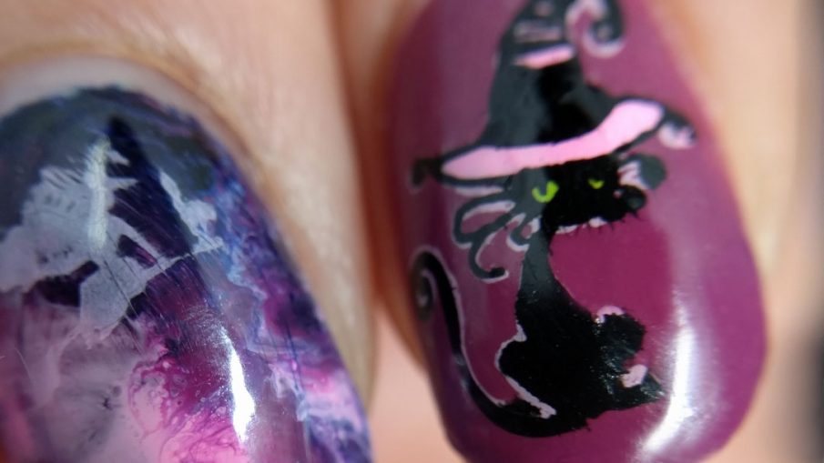 Purple, pink, and blue smoosh marble nail art with fabulously hat-ed witch and black cat familiar.