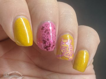 Mustard and pink nail art with an owl stamping decal giving you side-eye.