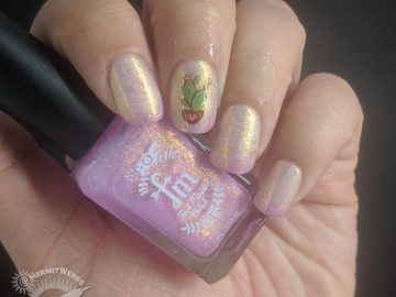 Pink and white thermal mani with adorable heart and cactus nail decals and gold shimmer.