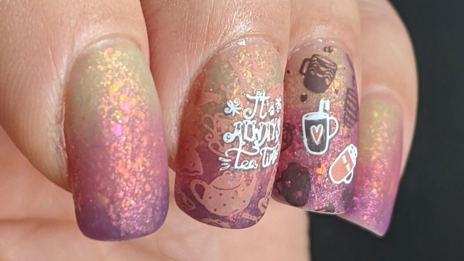 A champagne to rose to purple thermal polish combined with stamping decals of mugs, tea pots, and Alice falling endlessly.