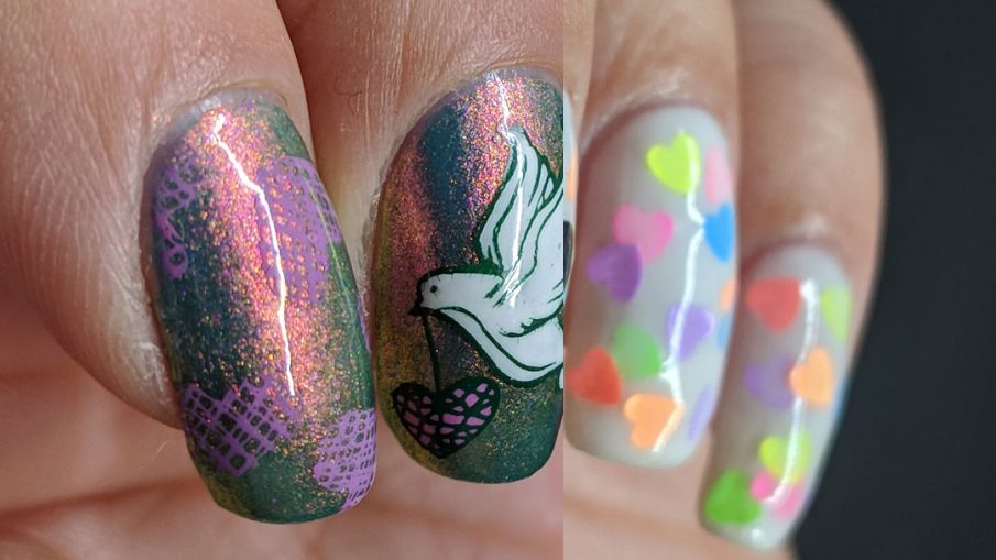 A purple-pink to green nail art with dove and crosshatch heart stamping decals + a white jelly pond mani with fluorescent heart sequins.