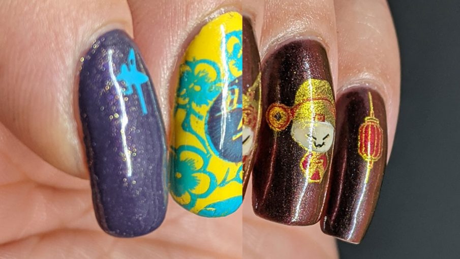 Two Year of the Ox nail art designs: one in classical red and gold (and black) and the other in the year's lucky colors: yellow, blue, and purple.
