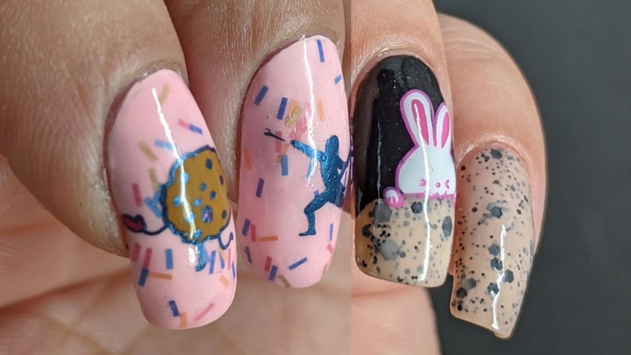 Two baked goods manis: one pink with sprinkles donut mani of people "hunting" a donut and the other a yummy chocolate chip cookie nail art with a hungry bunny.