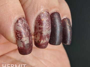 A vanishing mani using a brown thermal polish. A small herd of deer stamping images slowly appear as the nail art warms up.