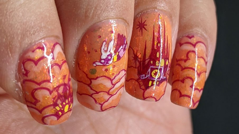An orange, flakie-filled nail art of a cloud city of superhero castles + flying superhero bunny and a skyscraper city of villains beneath.