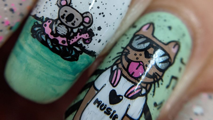 Pool party nail art using mint polish and a soft beige glitter crelly with stamping decals of anthropomorphic animals swimming and dj-ing.