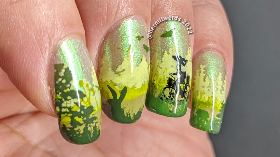 A layered landscape mani of a woodland with a path running through that a woman is biking down. Includes secret Sasquatch/Bigfoot.
