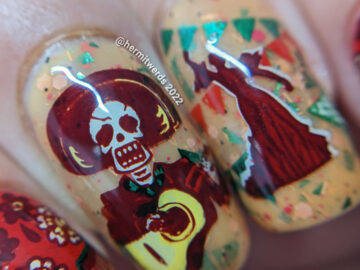 Cinco de Mayo nail art w/a Halloween twist using Sinful Colors' "Taco Tuesday" + stamping decals of partying skeletons and Mexican textiles.