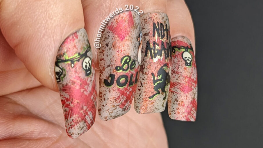 Krampus nail art on a red/green thermal polish with circles of plaid pattern and Halloween-esque things and rejection of jollyness.
