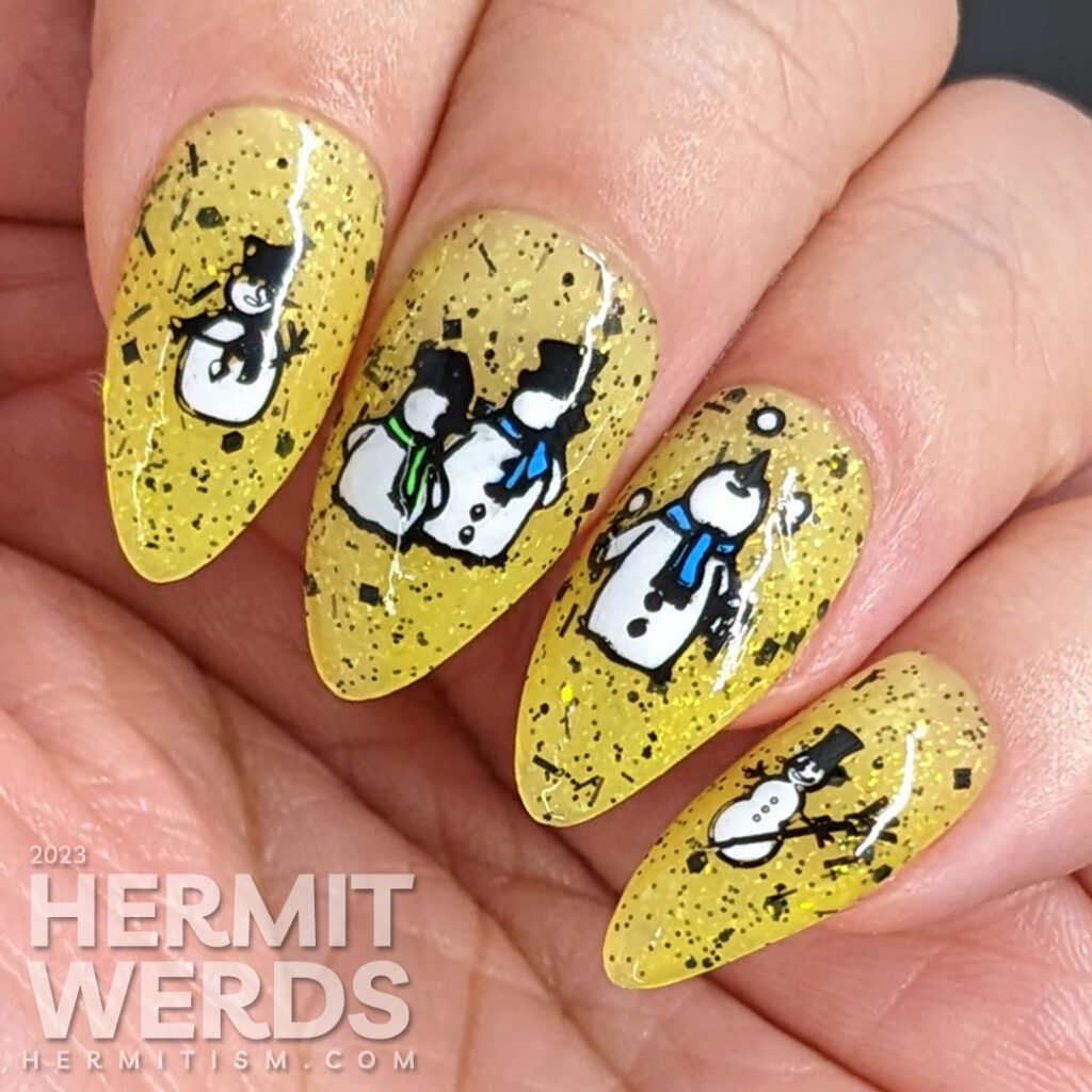 Snowman nail art with cute snowmen playing around (like juggling) and preparing for a trip to Hawaii on a bold yellow glittery background.