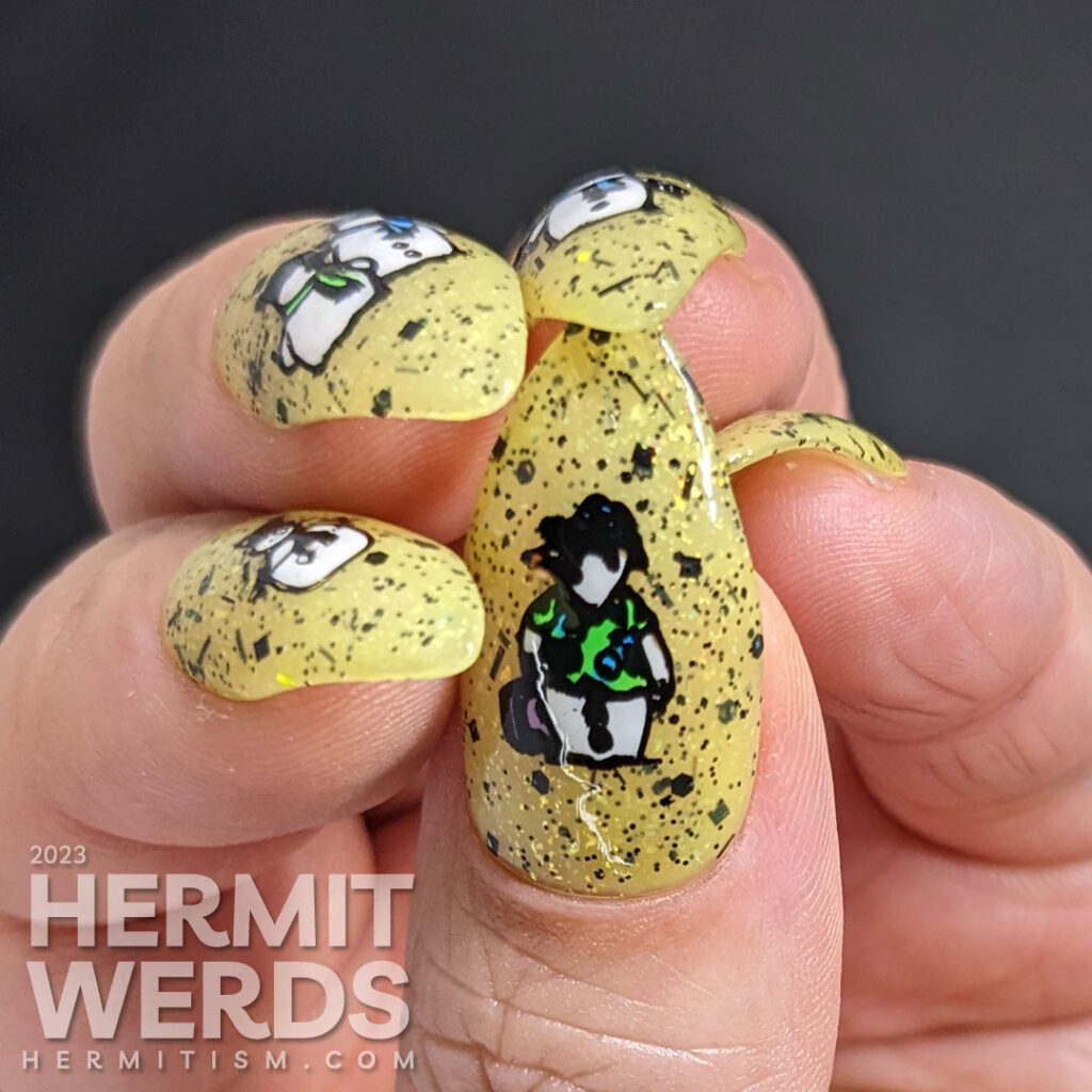 Snowman nail art with cute snowmen playing around (like juggling) and preparing for a trip to Hawaii on a bold yellow glittery background.