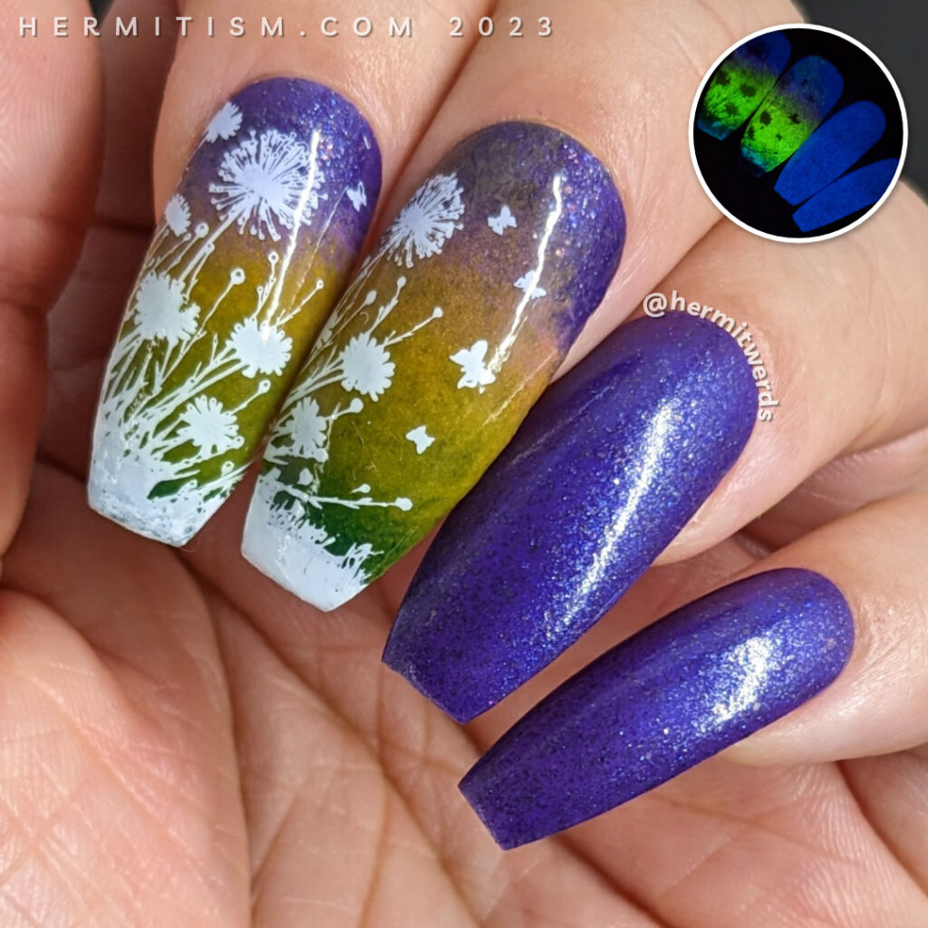 An alternate glow in the dark sunset nail art with dandelion silhouettes stamped on top. Sunset: purple to pink to orange to yellow to green.