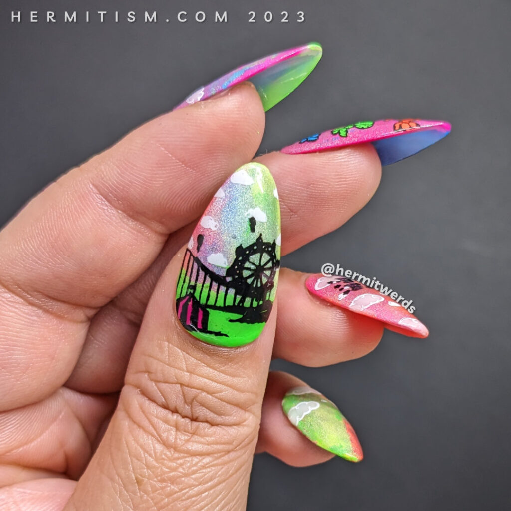 Neon fair/carnival nail art w/stamping decals of balloon animals, hot air balloons, and a rollercoaster on a holographic rainbow background.