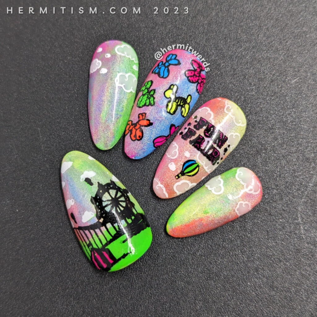 Neon fair/carnival nail art w/stamping decals of balloon animals, hot air balloons, and a rollercoaster on a holographic rainbow background.