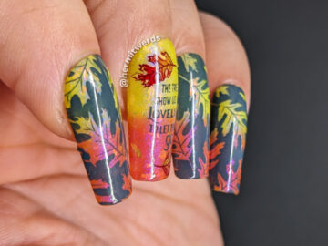 Fall nail art of negative space oak leaves in a dusty blue over a flakie yellow (warm) to pink to orange (cold) thermal polish and oak trees.