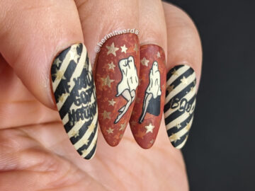 Sexy ghost nail art w/leggy ghost models posing against a burnt orange background, gold stars, black/cream stripes & cute quotes. Recreation.