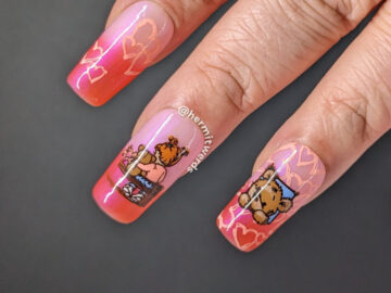 Teddy bear nail art on a coral to white thermal polish with cute images of a teddy bear befriending and protecting a child at night.
